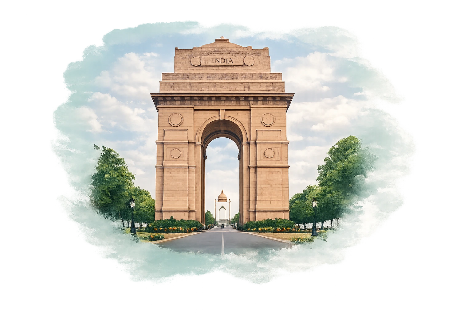 India Gate watercolour illustration representing Delhi photography services